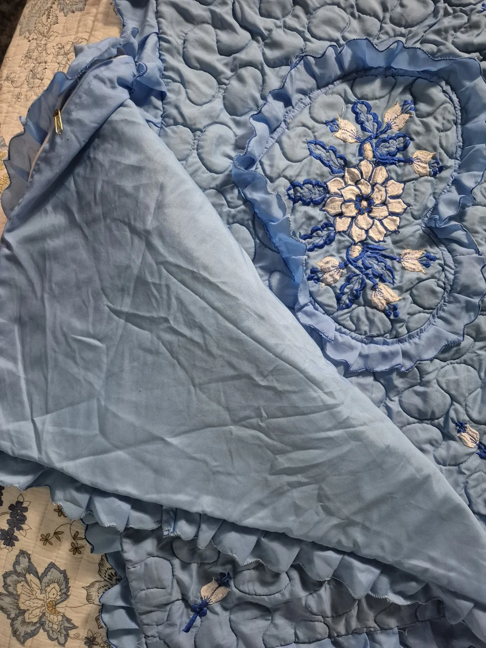 Light Blue Quilted Decorative Pillow Sham with Floral Embroidery